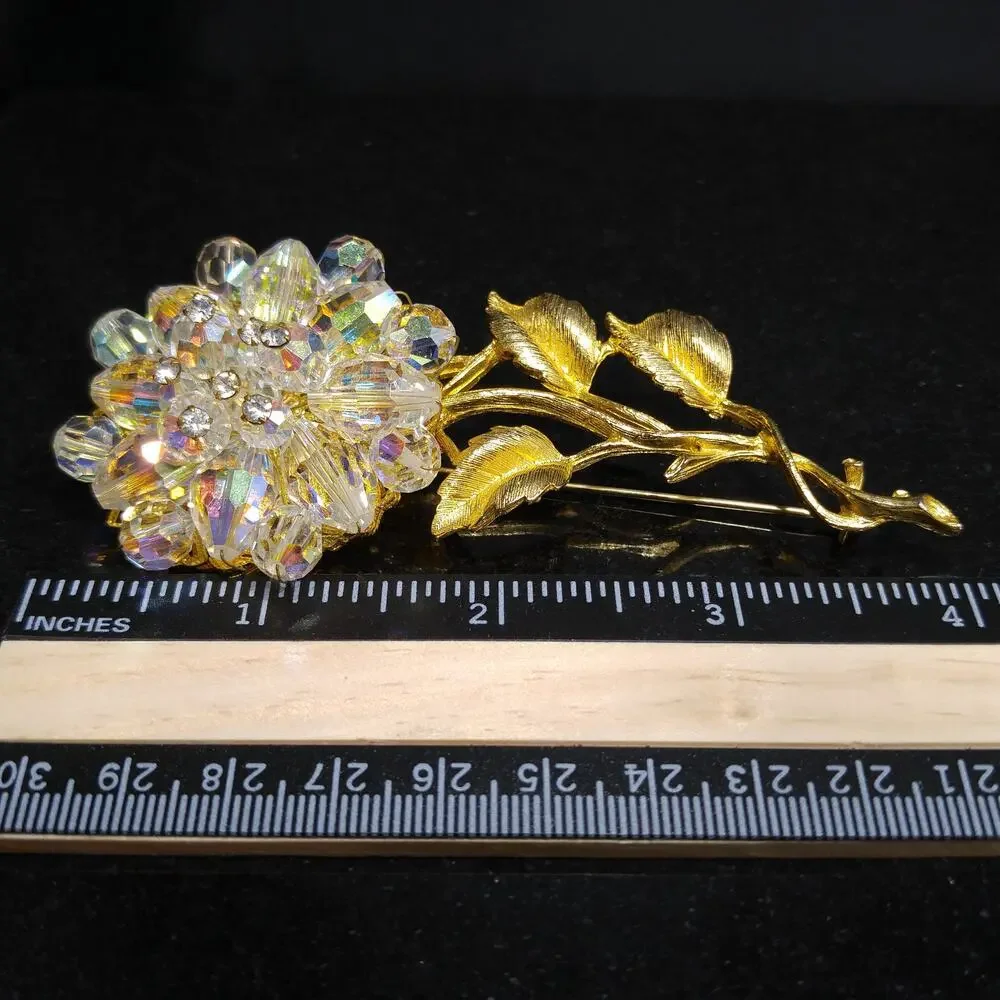 Vintage 1960s Crystal Beaded Flower Brooch, Gold Tone
